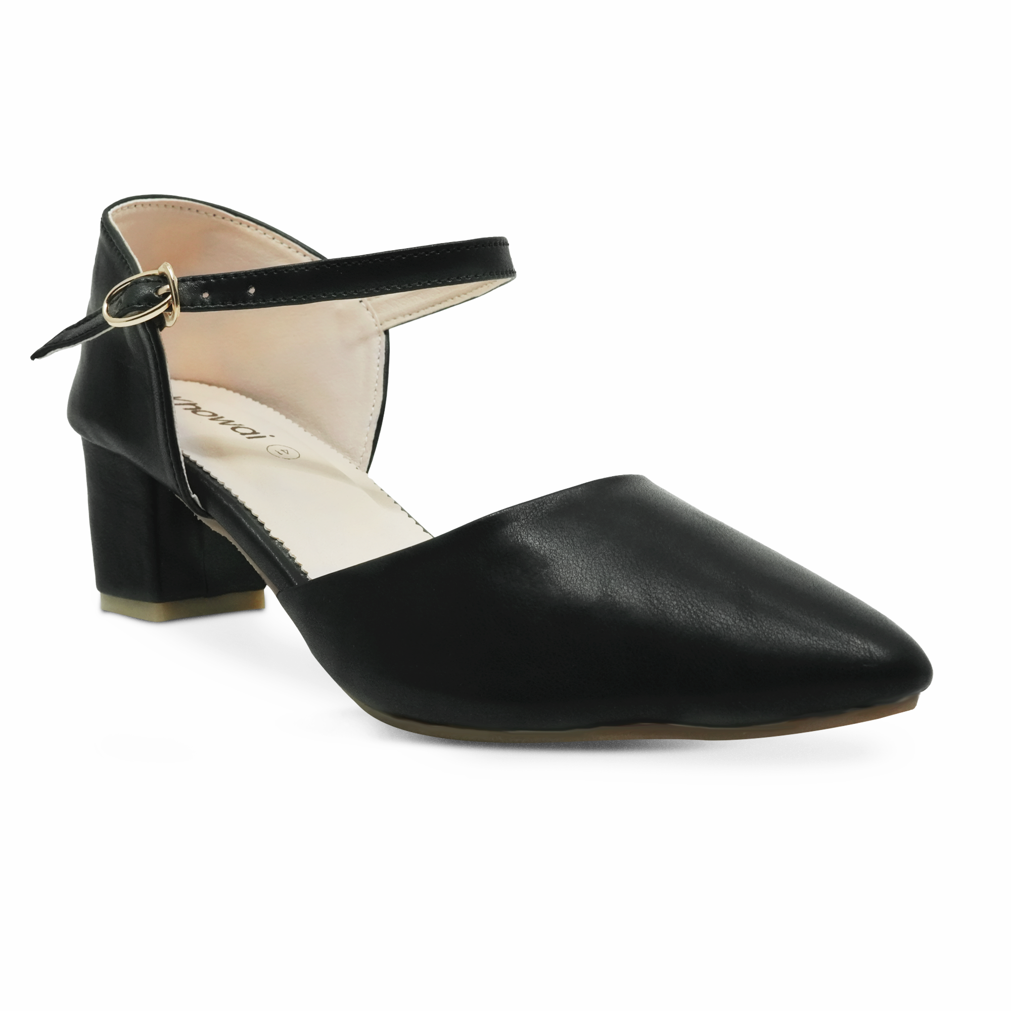 “Front angle of Khowai ankle-strap pumps featuring a pointed toe”