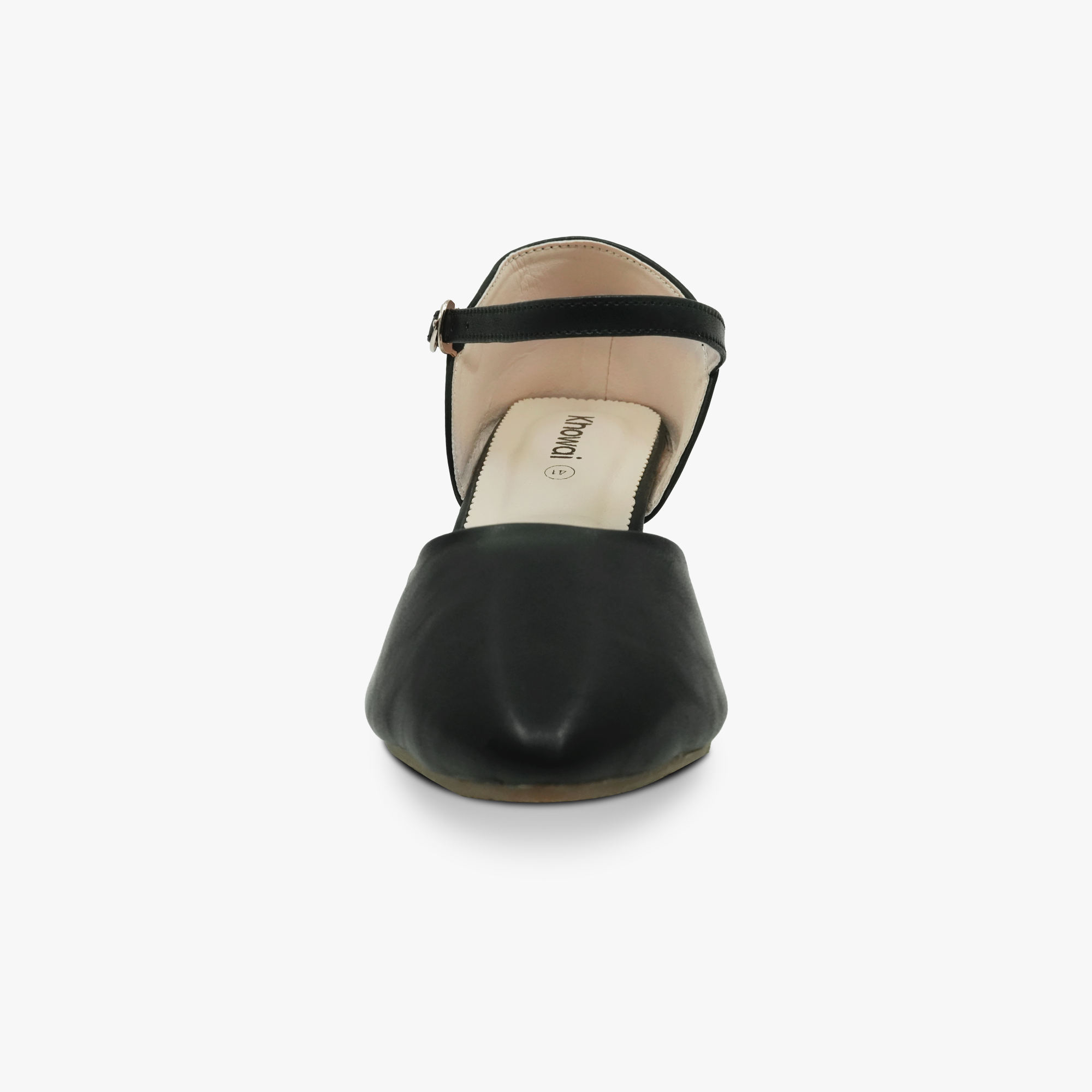 “Closeup of pointed toe and ankle buckle on Khowai black block-heel pumps”