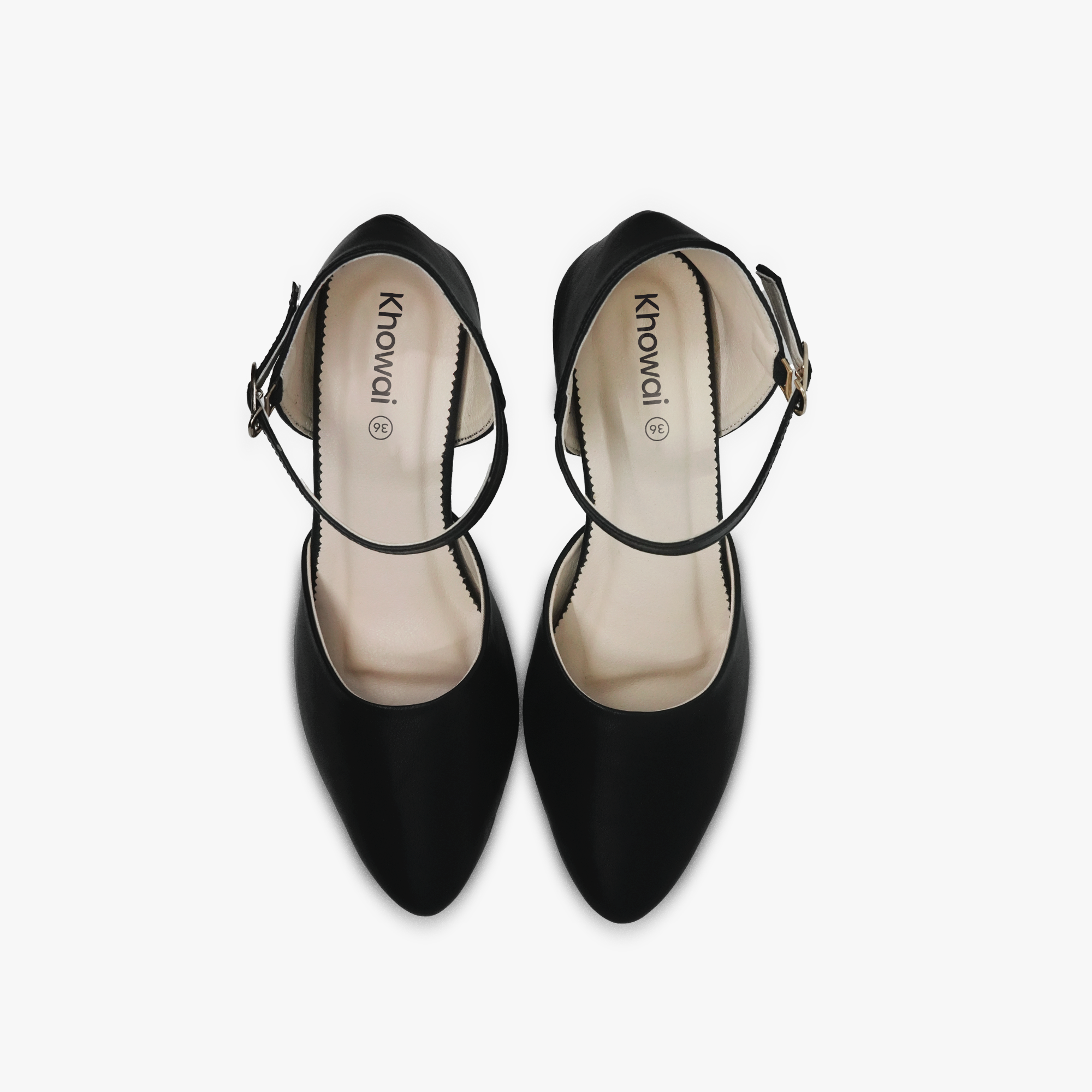“Top view showing padded insole and Khowai branding on black ankle-strap pumps”